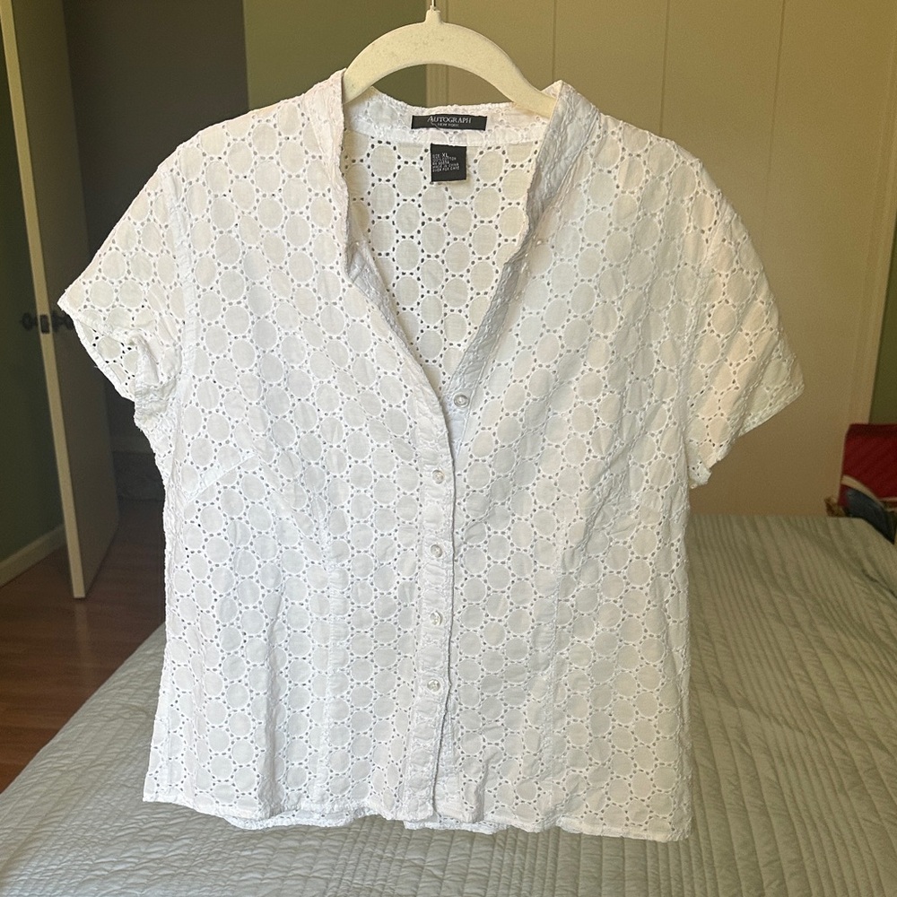 Vintage White Eyelet Button-Down Short Sleeve Shirt